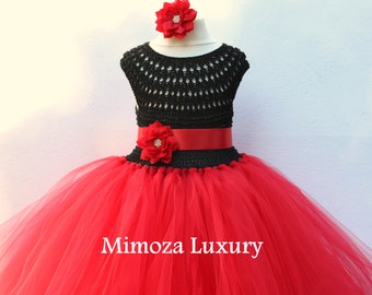 Black and Red Flower girl dress, tutu dress, red bridesmaid dress, red princess dress, crochet top tulle dress, hand knit tutu dress in red