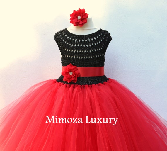 Black and Red Flower girl dress, tutu dress, red bridesmaid dress, red princess dress, crochet top tulle dress, hand knit tutu dress in red