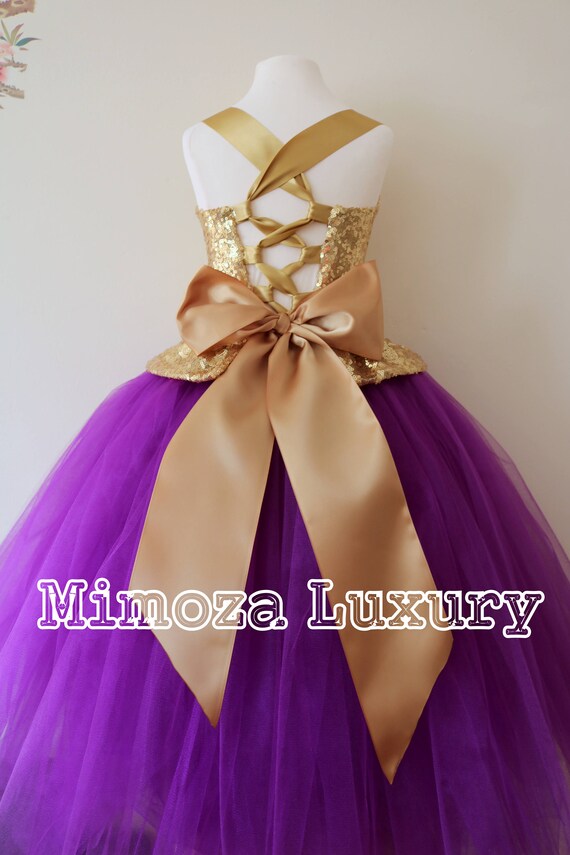 Gold Purple Flower Girl Dress, gold bridesmaid dress, couture flower girl gown, bespoke girls dress, tulle princess dress, gold purple tutu