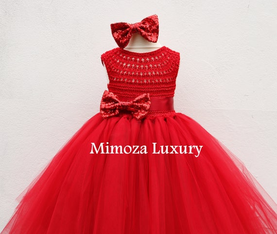 Christmas tutu dress, Red Flower girl dress, red tutu dress, red princess dress, red crochet top tulle dress, red hand knit tutu dress