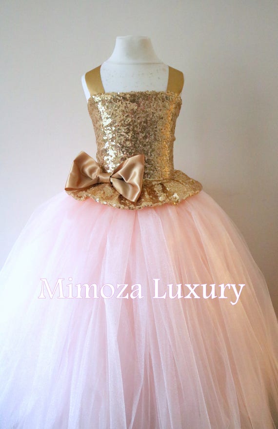 Gold Blush Flower Girl Dress, gold bridesmaid dress, couture flower girl gown, bespoke girls dress, tulle princess dress, gold blush tutu