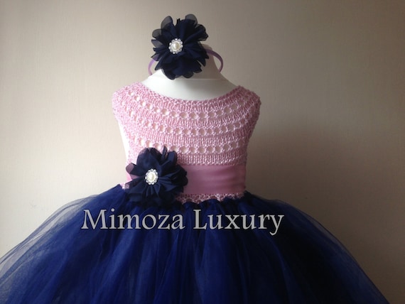 Navy Pink Flowergirl dress, tutu dress, navy bridesmaid dress, princess dress, silk crochet top tulle dress, hand knit silk top tutu dress