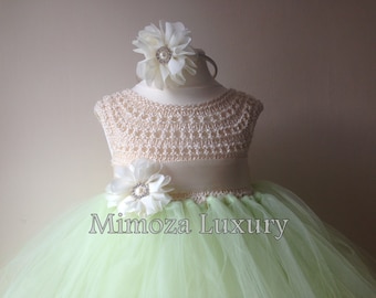 Mint Green Ivory Flower girl dress, tutu dress, bridesmaid dress, princess dress, mint crochet top tulle dress, knit tutu dress mint ivory