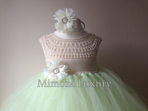 Mint Green Ivory Flower girl dress, tutu dress, bridesmaid dress, princess dress, mint crochet top tulle dress, knit tutu dress mint ivory