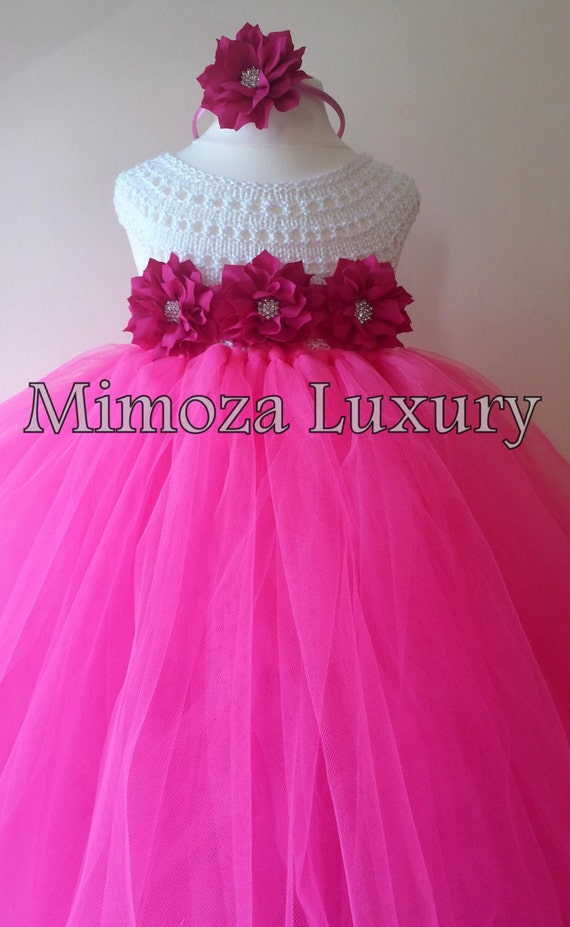 Pink Flower girl dress, hot pink  tutu dress, bridesmaid dress, princess dress, pink crochet top tulle dress, hand knit tutu dress in pink