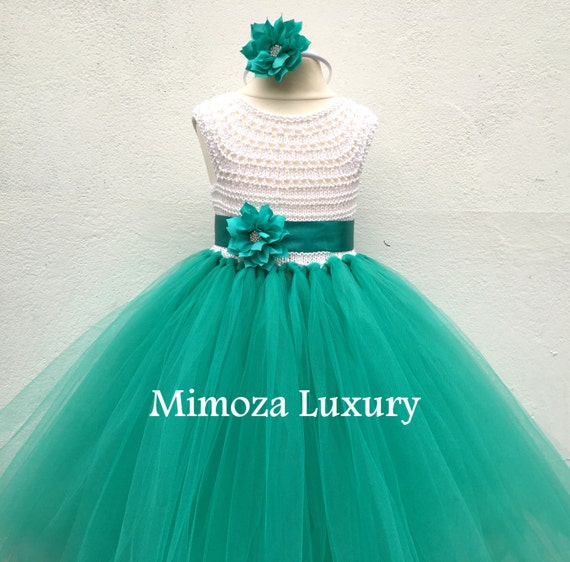 Flower girl dress, tutu dress, bridesmaid dress, princess dress, crochet top tulle dress, hand knit top tutu dress, teal sea green tutu