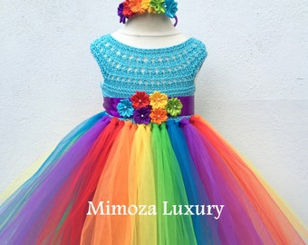 My Little Pony Birthday Tutu Dress, Rainbow tutu dress, my little pony tutu dress, crochet top tulle dress, hand knit top tutu halloween