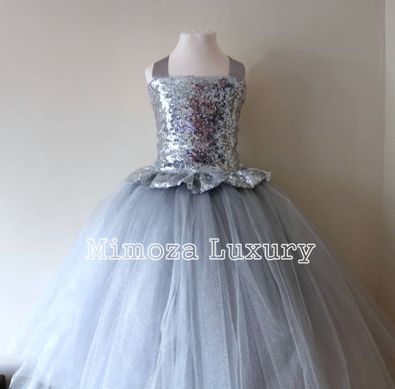 Silver Sequin Flower Girl Dress, silver bridesmaid dress, couture flower girl gown, bespoke girls dress, tulle princess dress, silver tutu