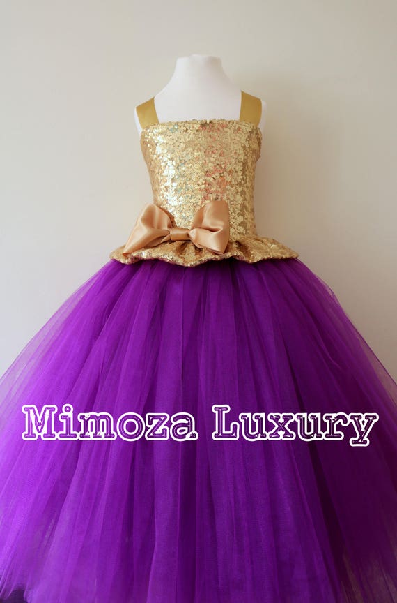 Gold Purple Flower Girl Dress, gold bridesmaid dress, couture flower girl gown, bespoke girls dress, tulle princess dress, gold purple tutu