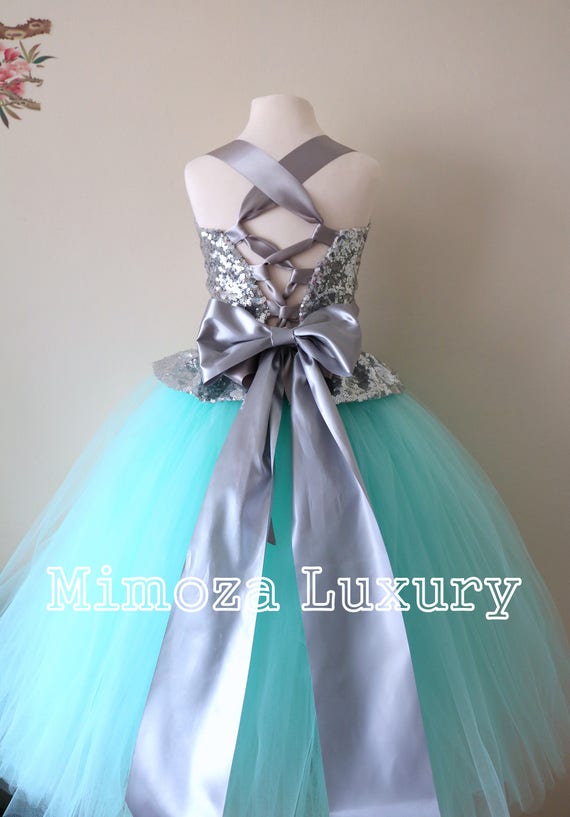 Mint & Silver Flower Girl Dress, mint bridesmaid dress, couture flower girl gown, bespoke girls dress, tulle princess dress, silver sequin