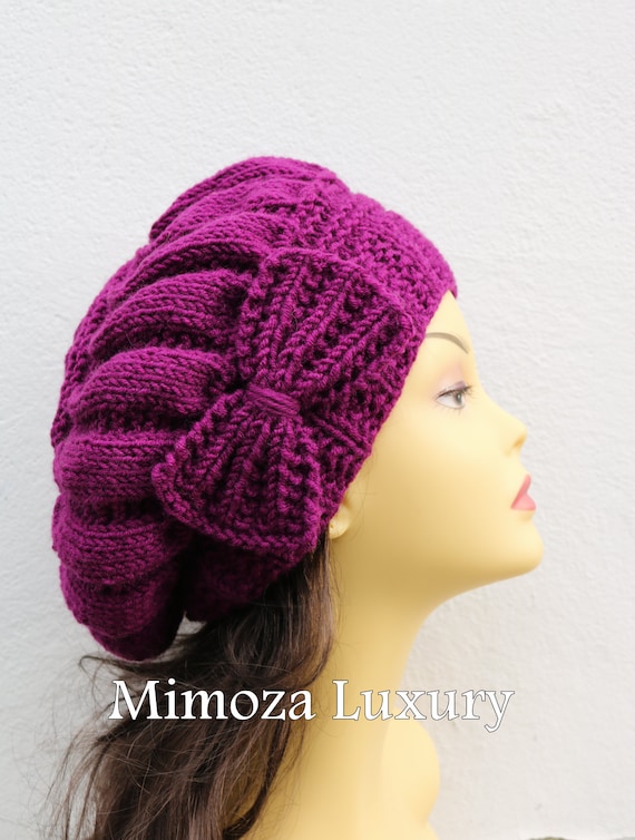 Orchid Purple Woman Hand Knitted Hat with Bow, Beret hat with bow, purple knit hat, slouchy knit women's hat with bow, winter hat, grape