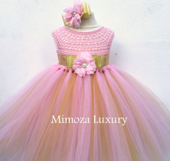 Pink and Gold Flowergirl dress, tutu dress, bridesmaid dress, princess dress, silk crochet top tulle dress, hand knit silk top tutu dress