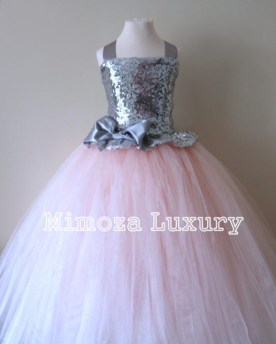 Blush & Silver Sequin Flower Girl Dress, blush bridesmaid dress, flower girl gown, bespoke girls dress, tulle princess dress, blush dress