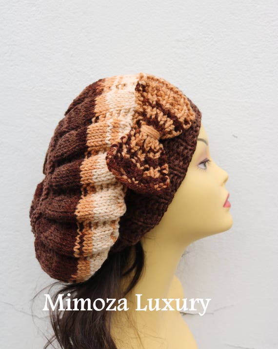 Caramel Brown Woman Hand Knitted Hat with Bow, Caramel Beret hat with bow, brown knit hat, slouchy knit women's hat with bow, winter hat