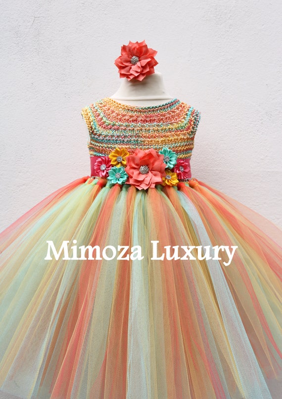 Mint Coral Birthday dress, mint coral tutu dress, hawaii bridesmaid dress, hawaii princess dress, tulle dress, hand knit tutu dress