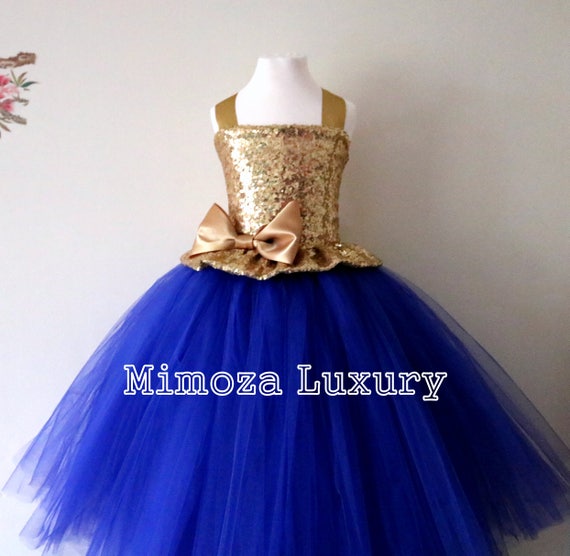 Gold & Royal blue Flower girl dress, gold sequin bridesmaid dress