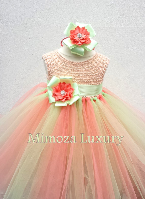 Mint Coral Peach Flower girl dress, mint coral tutu dress,bridesmaid dress, princess dress, crochet top tulle dress, hand knit tutu dress