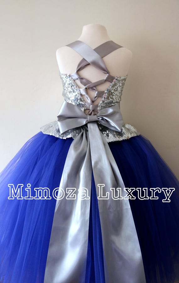 Silver & Royal Blue Flower Girl Dress, silver bridesmaid dress, couture flower girl gown, bespoke girls dress, tulle princess dress