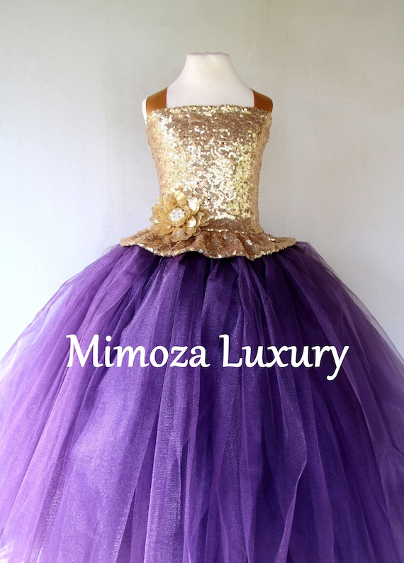 Gold Aubergine Flower girl dress, luxury gold sequins aubergine tulle dress