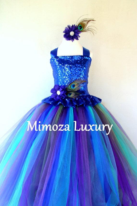 Peacock Girl Dress, royal blue sequin peacock dress, pageant peacock dress