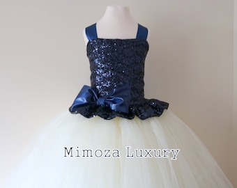 Navy & Ivory Flower Girl Dress, Navy bridesmaid dress, Navy couture flower girl gown, bespoke girls dress, tulle princess dress, Navy tutu