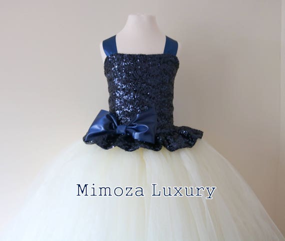 Navy & Ivory Flower Girl Dress, Navy bridesmaid dress, Navy couture flower girl gown, bespoke girls dress, tulle princess dress, Navy tutu