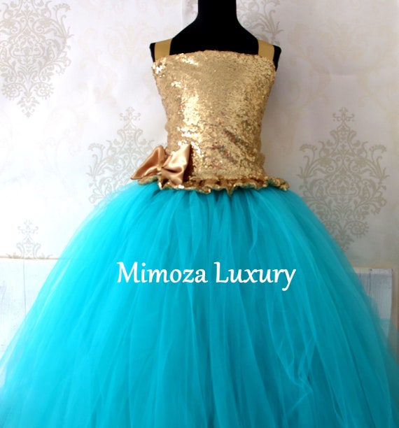 Teal & Gold Sequin Flower Girl Dress, teal green bridesmaid dress, flower girl gown, bespoke girls dress, tulle princess dress, teal dress