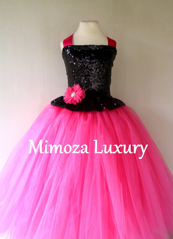 Hot pink & Black sequins Girls Dress, hot pink princess dress