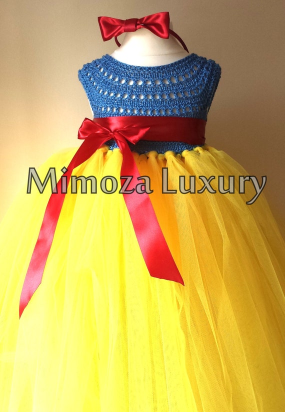 Snow White Luxury Princess dress, Flower girl dress, tutu dress, blue crochet top yellow tulle dress, knit tutu dress snow white