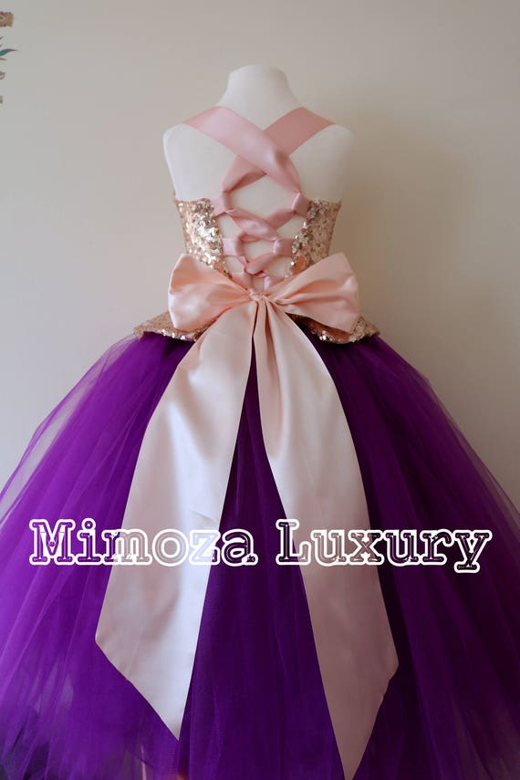 Rose Gold & Purple Flower Girl Dress, bridesmaid dress, couture flower girl gown, bespoke girls dress, tulle princess dress, gold purple