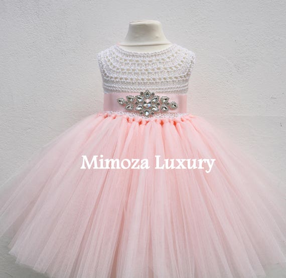 Blush Flower girl dress, blush peach tutu dress princess dress, blush wedding tulle dress, hand knit tutu dress in blush peach pale peach