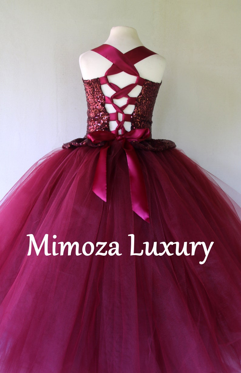 Burgundy Jewel Long Sleeve Flower Girl Dress with Sequins Appliques