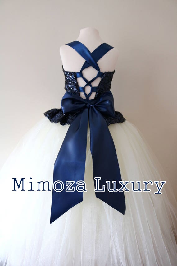 Navy Ivory Flower Girl Dress, Navy bridesmaid dress, couture flower girl gown, bespoke girls dress, Navy Ivory tulle princess dress