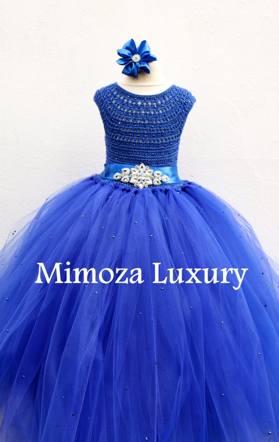 Royal Blue Deluxe Flower girl dress, Rhinestone sash Peacock blue tutu dress, royal blue bridesmaid dress, royal blue princess dress