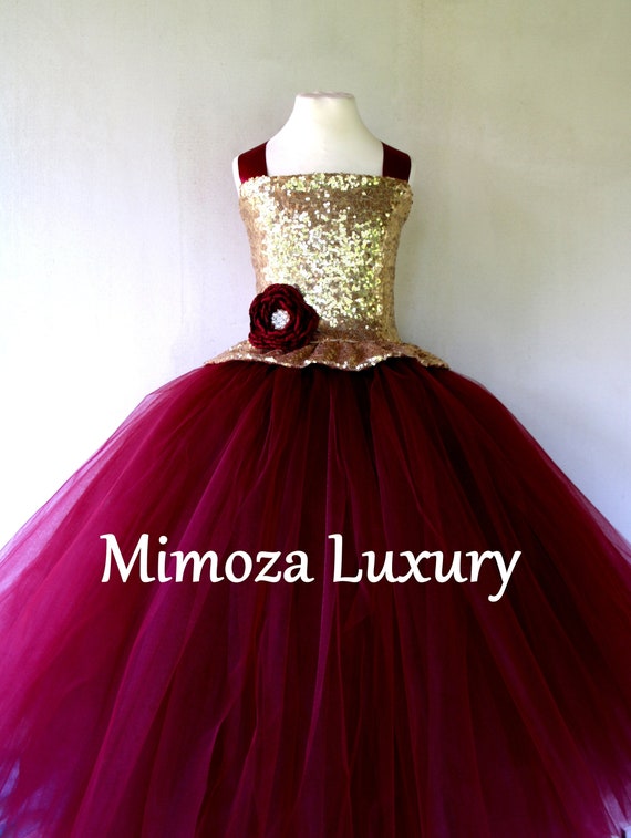 Christmas luxury dress, Gold Burgundy tulle Dress, Christmas girls dress