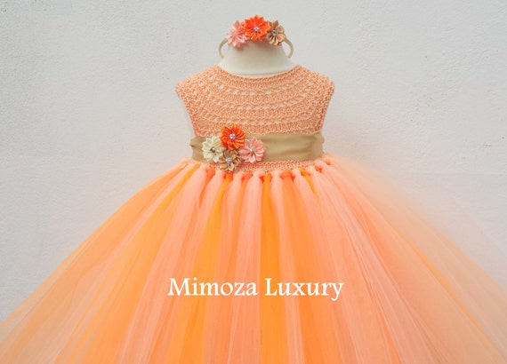 Orage Peach Gold Flower girl dress,peach gold tutu dress,bridesmaid dress, princess dress, crochet top tulle dress, hand knit tutu dress