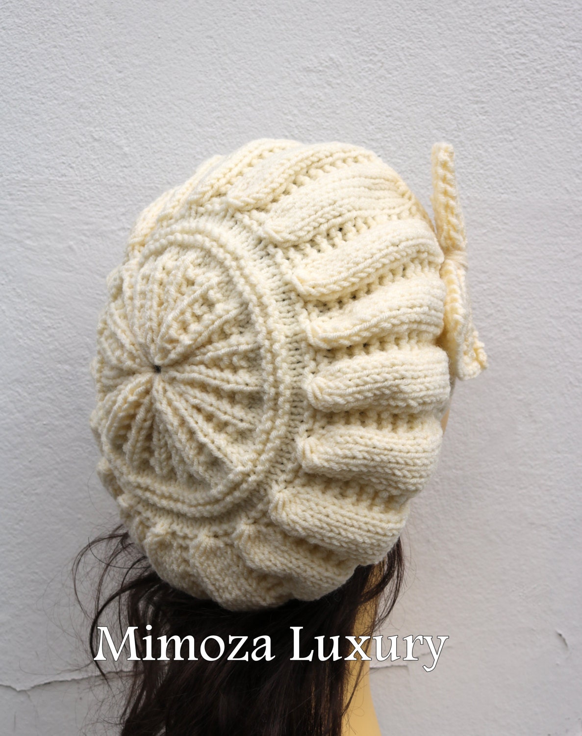 Cream Woman Hand Knitted Hat with Bow, Cream Beret hat with bow, Cream