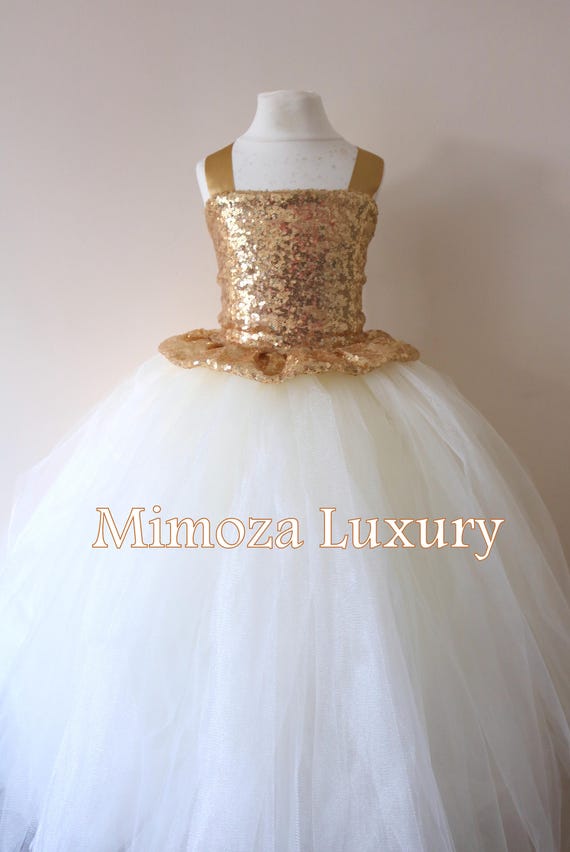 Gold Ivory Flower Girl Dress, gold bridesmaid dress, couture flower girl gown, bespoke girls dress, tulle princess dress, gold ivory tutu