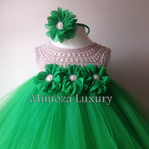Emerald Green Flower girl dress, jade green tutu dress, bridesmaid dress, princess dress, crochet top tulle dress, yarn tutu dress