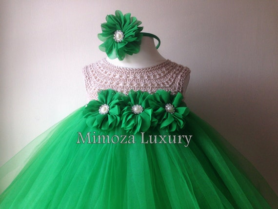 Emerald Green Flower girl dress, jade green tutu dress, bridesmaid dress, princess dress, crochet top tulle dress, yarn tutu dress