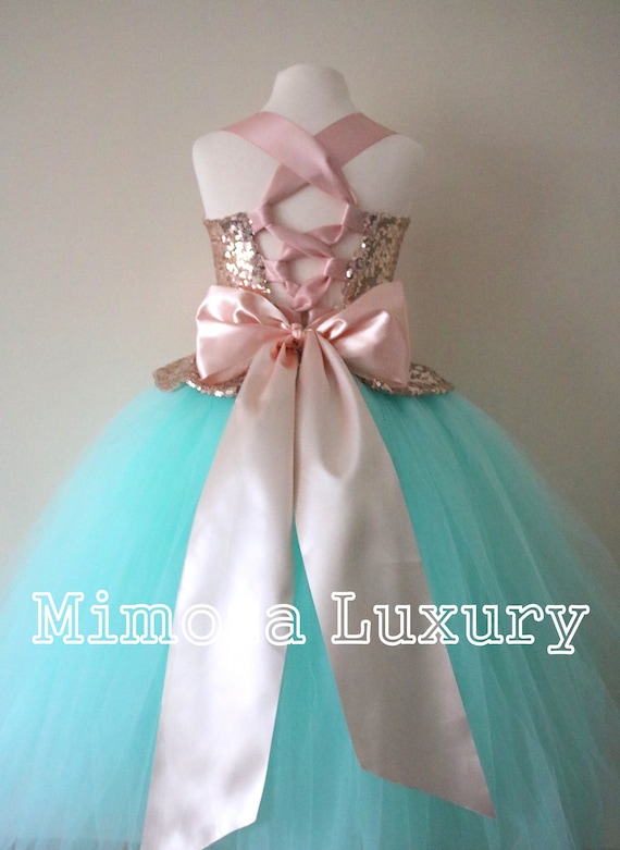 Mint & Rose Gold Flower Girl Dress, mint bridesmaid dress, couture flower girl gown, bespoke girls dress, tulle princess dress, sequin dress