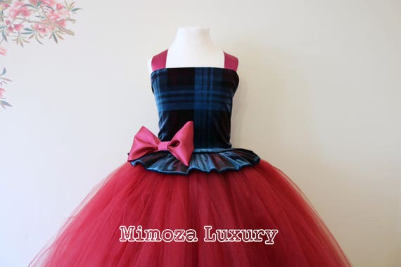 Tartan velvet Burgundy Flower Girl Dress, burgundy bridesmaid dress, tartan flower girl gown, bespoke girls dress, tulle princess dress