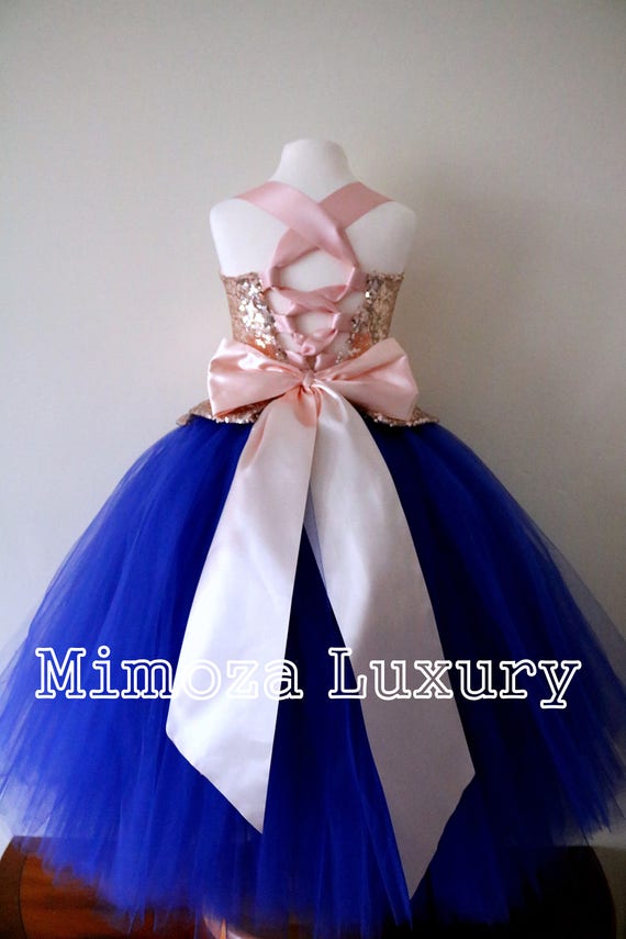 Rose Gold & Royal Blue Flower Girl Dress, Rose Gold bridesmaid dress, couture flower girl gown, bespoke girls dress, tulle princess dress