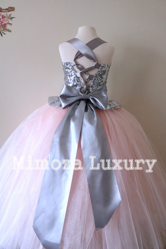 Blush & Silver Flower Girl Dress, blush bridesmaid dress, couture flower girl gown, bespoke girls dress, tulle princess dress, silver sequin