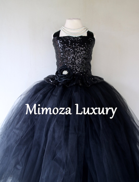 Black Gothic dress, wednesday addams inspired tutu dress, Black Sequins Flower girl dress