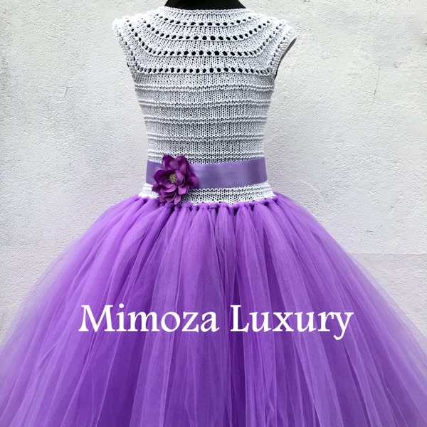 Lilac, robe de fille de fleur de lavande, robe de tutu, robe de demoiselle d'honneur, robe de princesse, robe de tulle supérieure de crochet, robe de tutu de tricot de main en pourpre