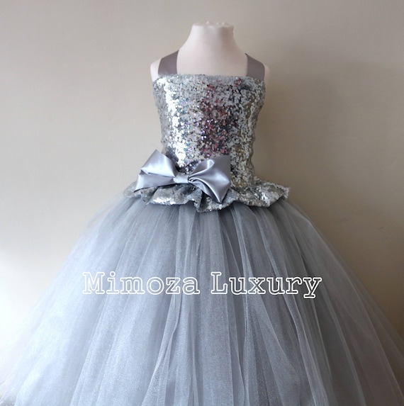 Silver Sequin Flower Girl Dress, silver sequin bridesmaid dress, flower girl gown, bespoke girls dress, tulle princess dress, silver dress