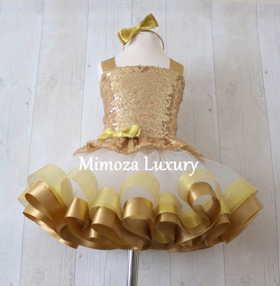 Luxury Gold Birthday Outfit, gold girls birthday dress, gold baby girl tutu princess dress, 1st birthday gold tutu dress outfit, infant girl