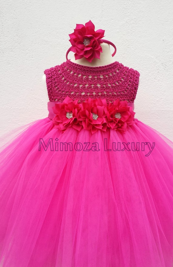 Magenta Flower girl dress, fuchsia tutu dress, magenta bridesmaid dress, magenta princess dress, pink crochet top tulle dress,  wedding