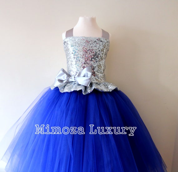 Silver & Royal Blue Flower Girl Dress, silver sequin bridesmaid dress, flower girl gown, bespoke girls dress, tulle princess dress, silver